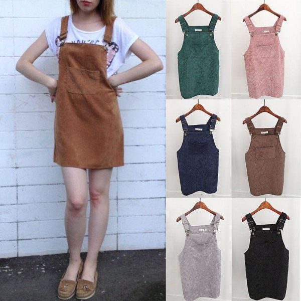 The Best 2019 Fashion Women Retro Corduroy Dress Summer Suspender Sundress Loose Vest Overall Dress Female Natural Casual Dresses Online - Takalr