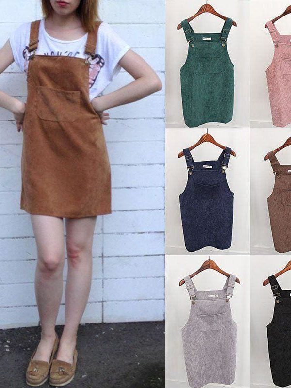 The Best 2019 Fashion Women Retro Corduroy Dress Summer Suspender Sundress Loose Vest Overall Dress Female Natural Casual Dresses Online - Takalr