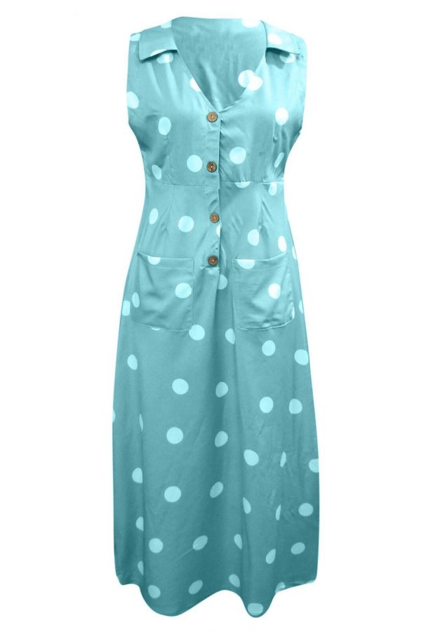 The Best 2019 Fashion Women Sleeveless Summer Polka Dot Dress Beach Ladies V Neck Casual Midi Shirt Beach Sundress Online - Takalr