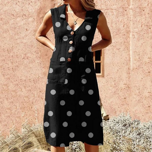 The Best 2019 Fashion Women Sleeveless Summer Polka Dot Dress Beach Ladies V Neck Casual Midi Shirt Beach Sundress Online - Takalr