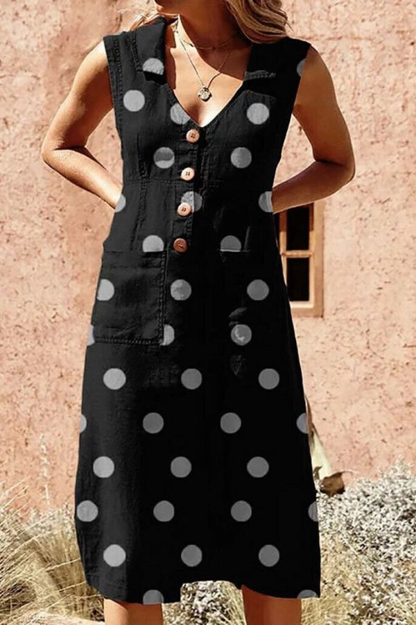 The Best 2019 Fashion Women Sleeveless Summer Polka Dot Dress Beach Ladies V Neck Casual Midi Shirt Beach Sundress Online - Takalr