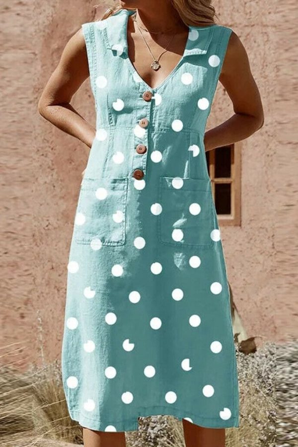 The Best 2019 Fashion Women Sleeveless Summer Polka Dot Dress Beach Ladies V Neck Casual Midi Shirt Beach Sundress Online - Takalr