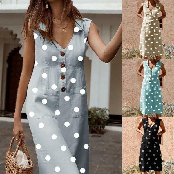 The Best 2019 Fashion Women Sleeveless Summer Polka Dot Dress Beach Ladies V Neck Casual Midi Shirt Beach Sundress Online - Takalr