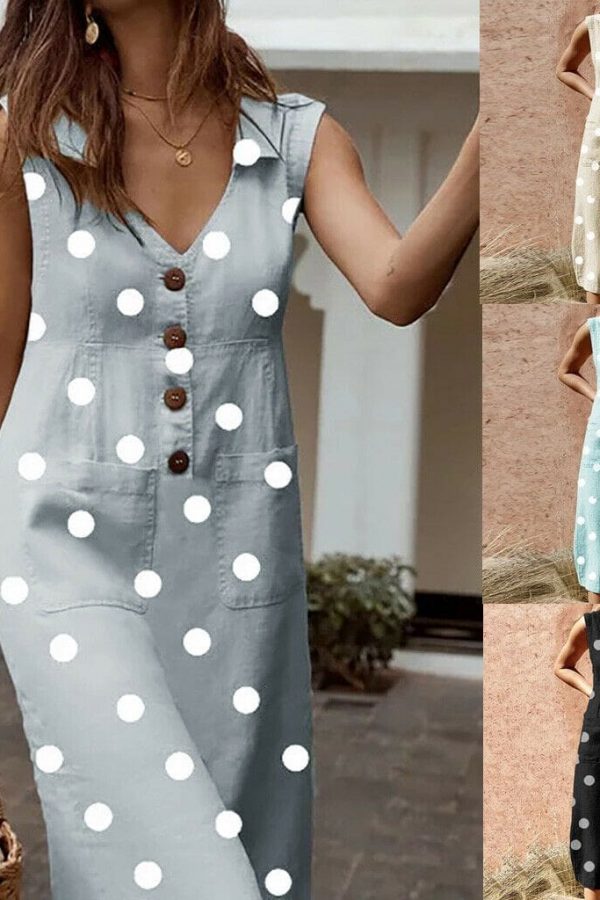 The Best 2019 Fashion Women Sleeveless Summer Polka Dot Dress Beach Ladies V Neck Casual Midi Shirt Beach Sundress Online - Takalr