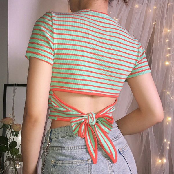 The Best 2019 Fashion Women Striped Crop Top Short Sleeve T Shirt Summer Holiday Slim Casual Tops New Ladies Clothes Online - Takalr