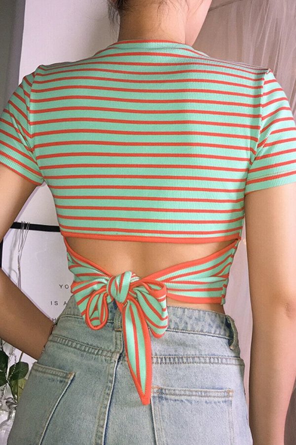 The Best 2019 Fashion Women Striped Crop Top Short Sleeve T Shirt Summer Holiday Slim Casual Tops New Ladies Clothes Online - Takalr