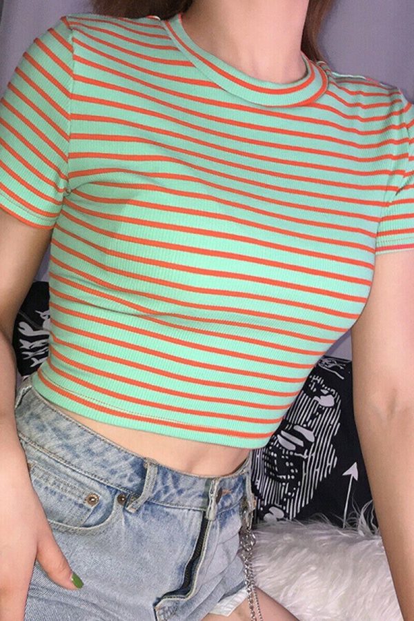 The Best 2019 Fashion Women Striped Crop Top Short Sleeve T Shirt Summer Holiday Slim Casual Tops New Ladies Clothes Online - Takalr