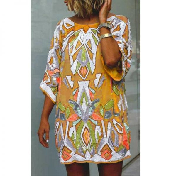 The Best 2019 Fashion Women Summer Bohemian Printed Beach Casual Loose Mini Dress Casual Loose Mini Shirt Beach Dress Online - Takalr