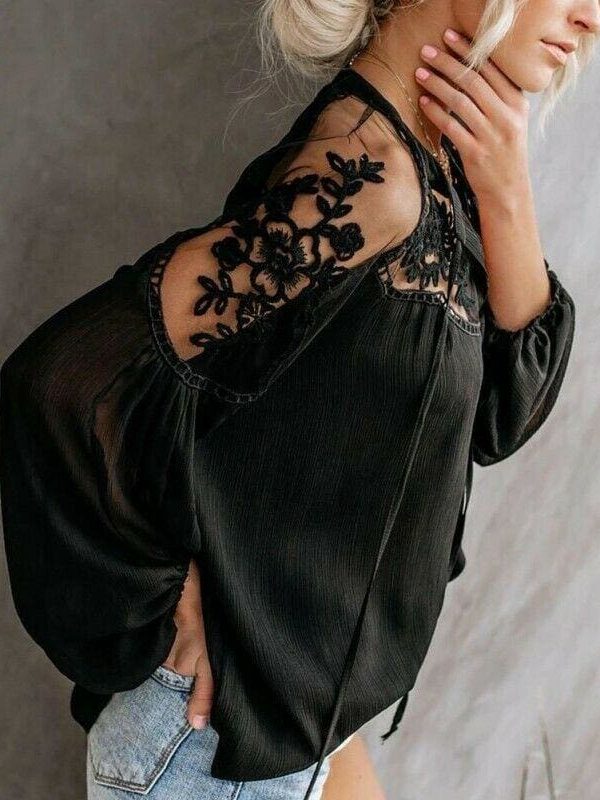 The Best 2019 Fashion Women Summer Lace Casual Tops Sexy Ladies Hollow Long Sleeve Blouse Shirt Costume Holiday Summer Clothes Online - Takalr