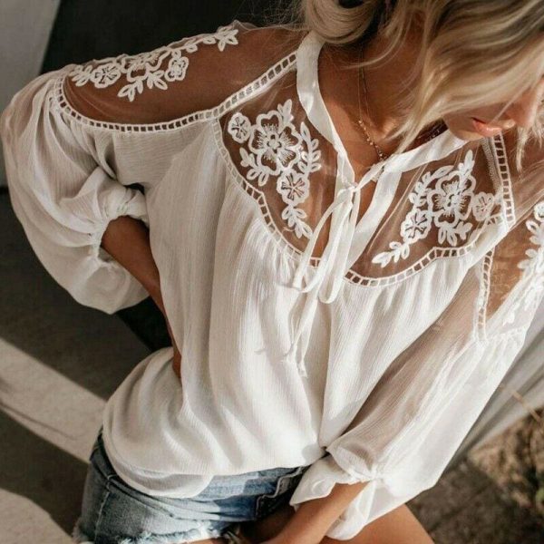 The Best 2019 Fashion Women Summer Lace Casual Tops Sexy Ladies Hollow Long Sleeve Blouse Shirt Costume Holiday Summer Clothes Online - Takalr