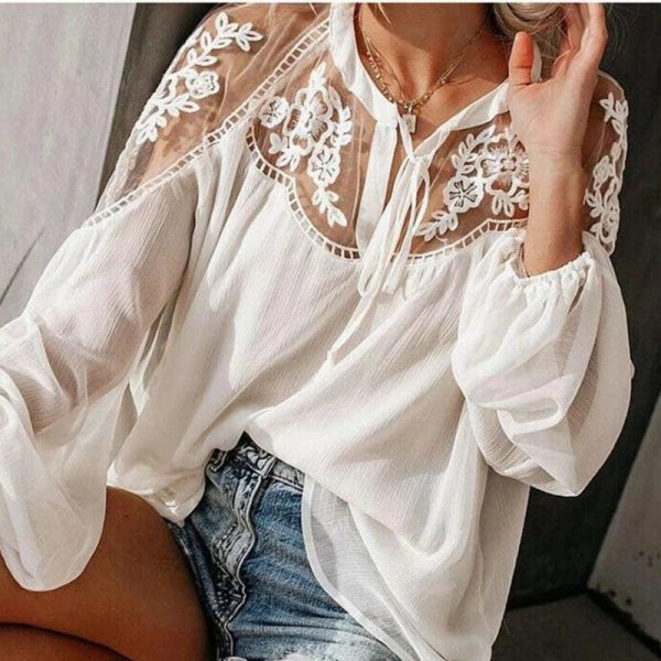 The Best 2019 Fashion Women Summer Lace Casual Tops Sexy Ladies Hollow Long Sleeve Blouse Shirt Costume Holiday Summer Clothes Online - Takalr