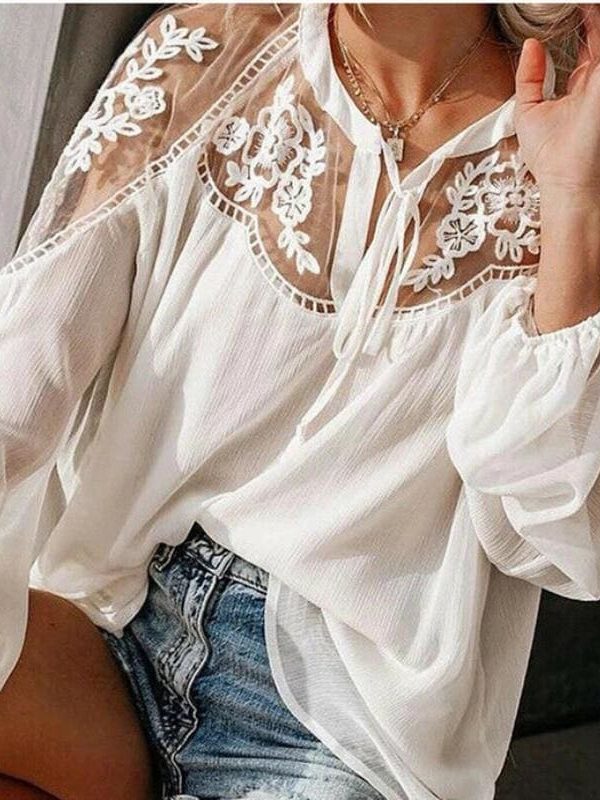 The Best 2019 Fashion Women Summer Lace Casual Tops Sexy Ladies Hollow Long Sleeve Blouse Shirt Costume Holiday Summer Clothes Online - Takalr