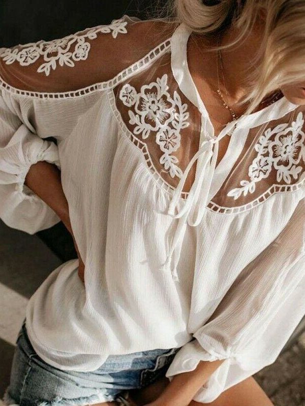 The Best 2019 Fashion Women Summer Lace Casual Tops Sexy Ladies Hollow Long Sleeve Blouse Shirt Costume Holiday Summer Clothes Online - Takalr