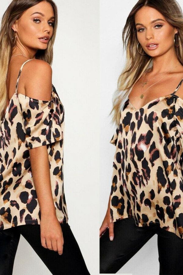 The Best 2019 Fashion Women's Off Shoulder Tops Short Sleeve Leopard Print Spaghetti Strap Loose Blouse Shirt Online - Takalr