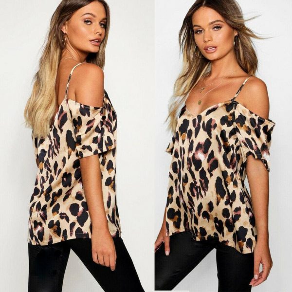 The Best 2019 Fashion Women's Off Shoulder Tops Short Sleeve Leopard Print Spaghetti Strap Loose Blouse Shirt Online - Takalr