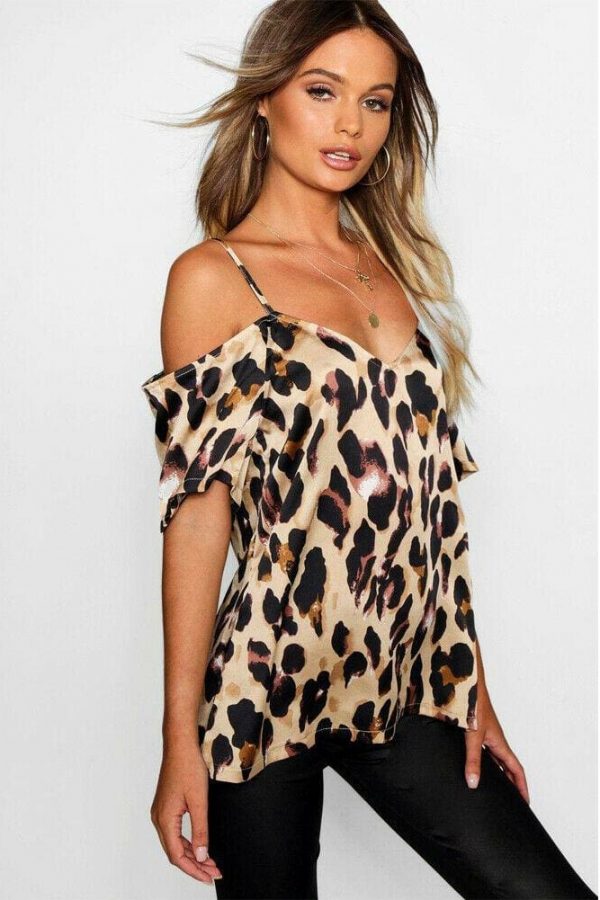 The Best 2019 Fashion Women's Off Shoulder Tops Short Sleeve Leopard Print Spaghetti Strap Loose Blouse Shirt Online - Takalr