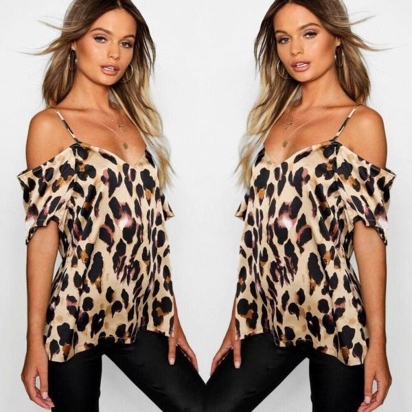 The Best 2019 Fashion Women's Off Shoulder Tops Short Sleeve Leopard Print Spaghetti Strap Loose Blouse Shirt Online - Takalr