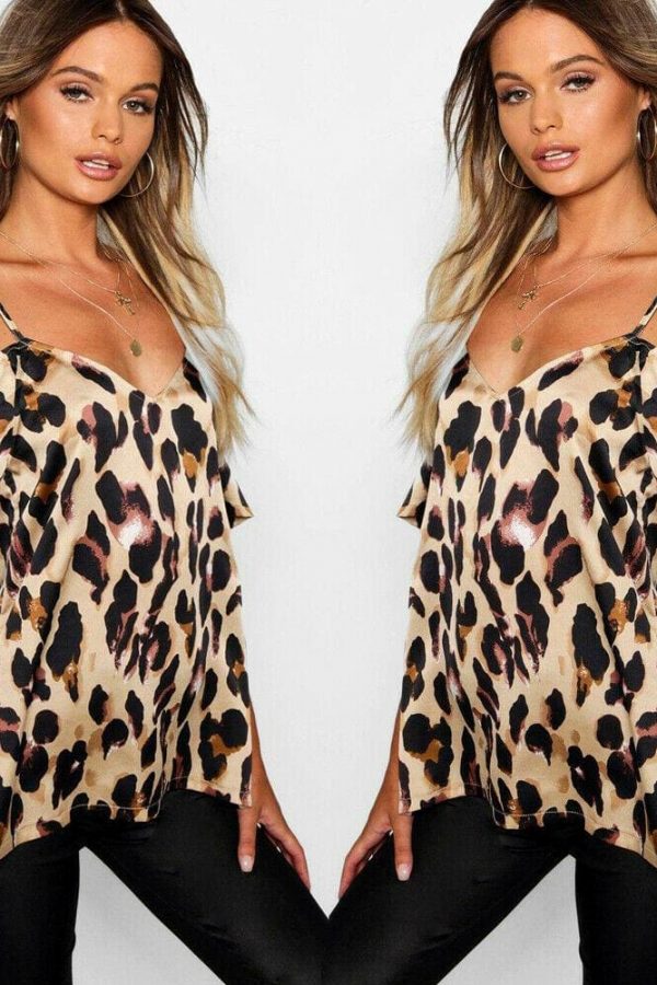 The Best 2019 Fashion Women's Off Shoulder Tops Short Sleeve Leopard Print Spaghetti Strap Loose Blouse Shirt Online - Takalr