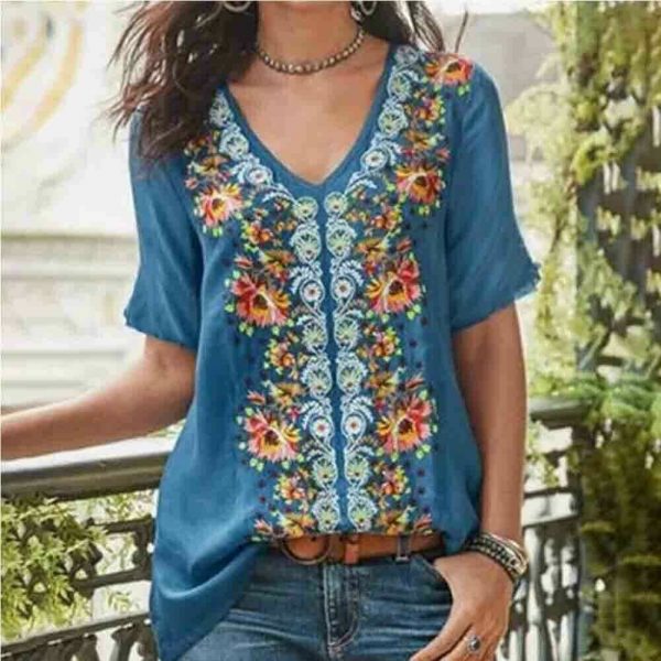 The Best 2019 Fashion Women's Summer Boho Floral Tunic Top V Neck Plus Size Ladies Casual Loose Tops T-Shirt Streetwear Online - Takalr