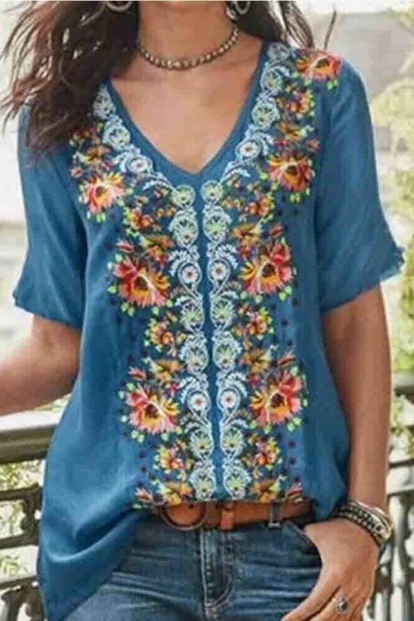 The Best 2019 Fashion Women's Summer Boho Floral Tunic Top V Neck Plus Size Ladies Casual Loose Tops T-Shirt Streetwear Online - Takalr