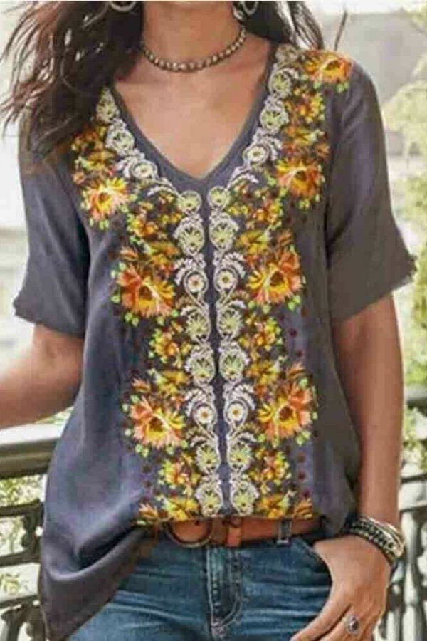 The Best 2019 Fashion Women's Summer Boho Floral Tunic Top V Neck Plus Size Ladies Casual Loose Tops T-Shirt Streetwear Online - Takalr