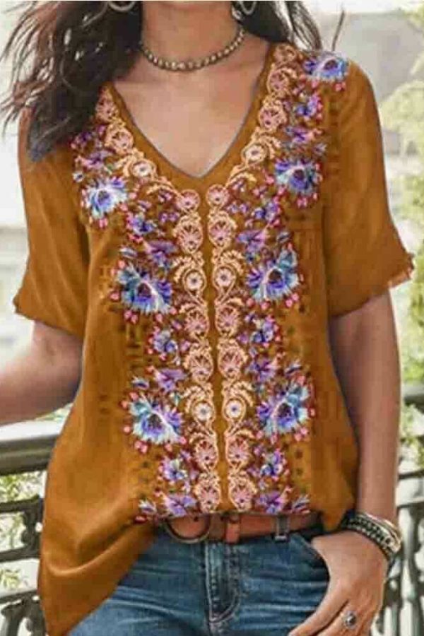 The Best 2019 Fashion Women's Summer Boho Floral Tunic Top V Neck Plus Size Ladies Casual Loose Tops T-Shirt Streetwear Online - Takalr