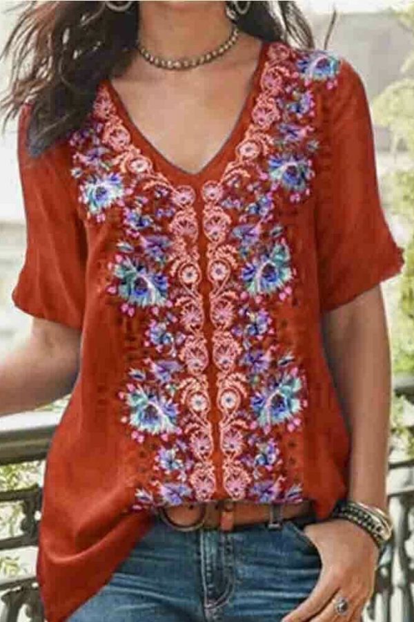 The Best 2019 Fashion Women's Summer Boho Floral Tunic Top V Neck Plus Size Ladies Casual Loose Tops T-Shirt Streetwear Online - Takalr