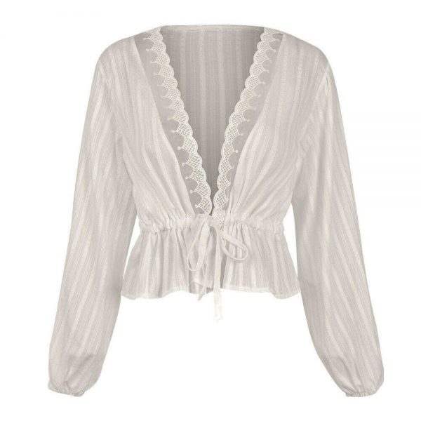 The Best 2019 High Street Women's Striped Blouse Lace Deep V Neck Long Lantern Sleeve Shirts Eleghant Lady Waist Lace-up Blouses Online - Takalr