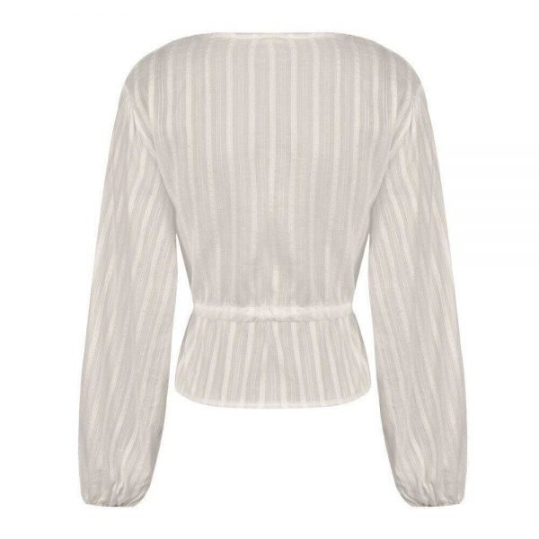 The Best 2019 High Street Women's Striped Blouse Lace Deep V Neck Long Lantern Sleeve Shirts Eleghant Lady Waist Lace-up Blouses Online - Takalr