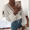 The Best 2019 High Street Women's Striped Blouse Lace Deep V Neck Long Lantern Sleeve Shirts Eleghant Lady Waist Lace-up Blouses Online - Takalr