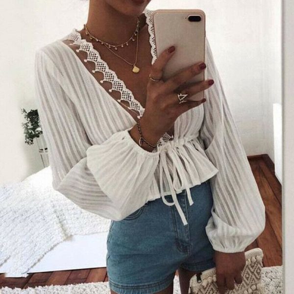 The Best 2019 High Street Women's Striped Blouse Lace Deep V Neck Long Lantern Sleeve Shirts Eleghant Lady Waist Lace-up Blouses Online - Takalr