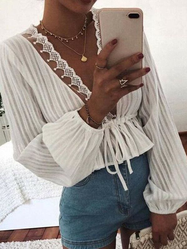 The Best 2019 High Street Women's Striped Blouse Lace Deep V Neck Long Lantern Sleeve Shirts Eleghant Lady Waist Lace-up Blouses Online - Takalr