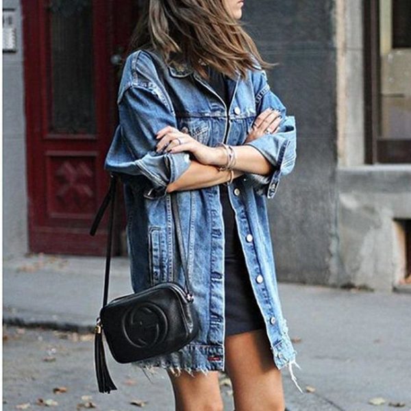 The Best 2019 Hot Fashion Women's Button Hole Patch Denim Pocket Loose Ripped Jeans Long Jacket Coat Outwear Streetwear Online - Takalr