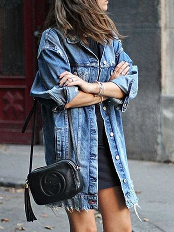 The Best 2019 Hot Fashion Women's Button Hole Patch Denim Pocket Loose Ripped Jeans Long Jacket Coat Outwear Streetwear Online - Takalr