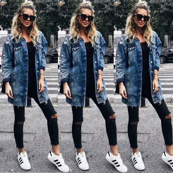 The Best 2019 Hot Fashion Women's Button Hole Patch Denim Pocket Loose Ripped Jeans Long Jacket Coat Outwear Streetwear Online - Takalr