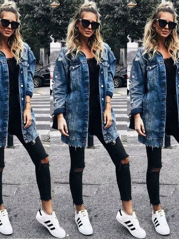 The Best 2019 Hot Fashion Women's Button Hole Patch Denim Pocket Loose Ripped Jeans Long Jacket Coat Outwear Streetwear Online - Takalr