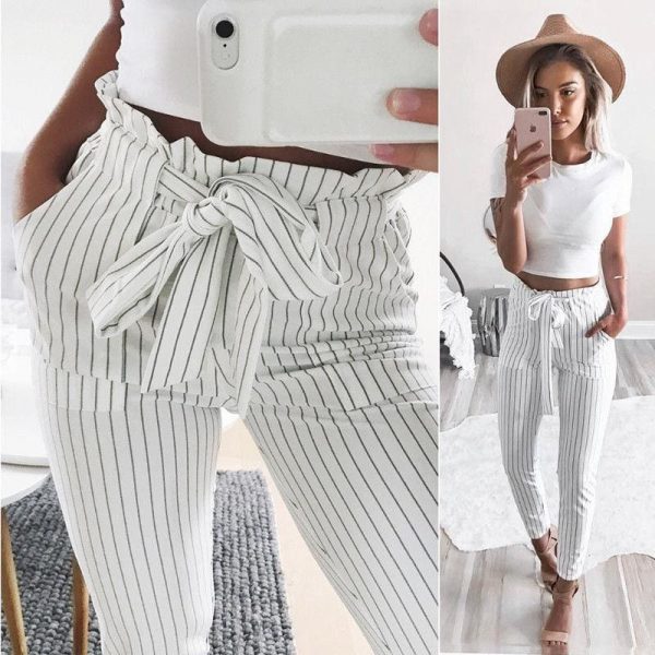 The Best New Elastic High Waist Striped Harem Pants Women Stringy Casual Slim Fit Long Pants Skinny Female Trousers Online - Takalr