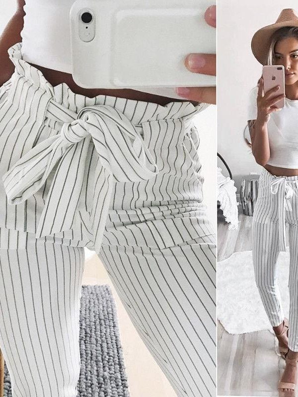 The Best New Elastic High Waist Striped Harem Pants Women Stringy Casual Slim Fit Long Pants Skinny Female Trousers Online - Takalr