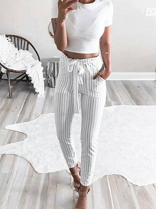 The Best New Elastic High Waist Striped Harem Pants Women Stringy Casual Slim Fit Long Pants Skinny Female Trousers Online - Takalr