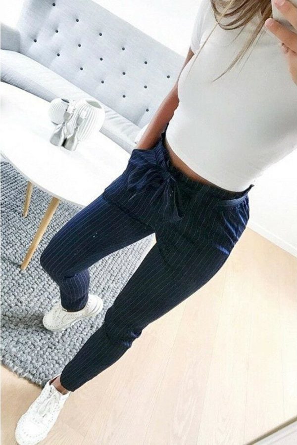 The Best New Elastic High Waist Striped Harem Pants Women Stringy Casual Slim Fit Long Pants Skinny Female Trousers Online - Takalr