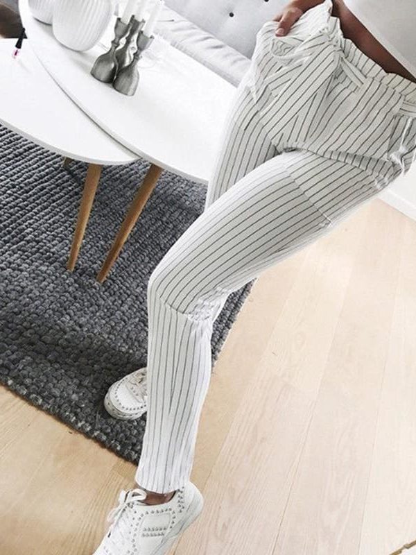 The Best New Elastic High Waist Striped Harem Pants Women Stringy Casual Slim Fit Long Pants Skinny Female Trousers Online - Takalr