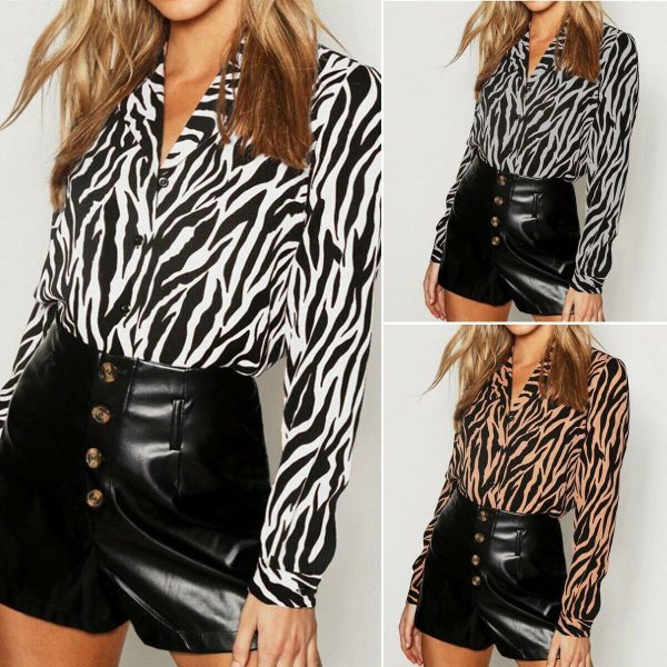 The Best 2019 New Fashion Women Casual Chiffon Tops Shirt Loose Long Sleeve V-Neck Shirt Leopard Print Casual Button Tops Tee Online - Takalr