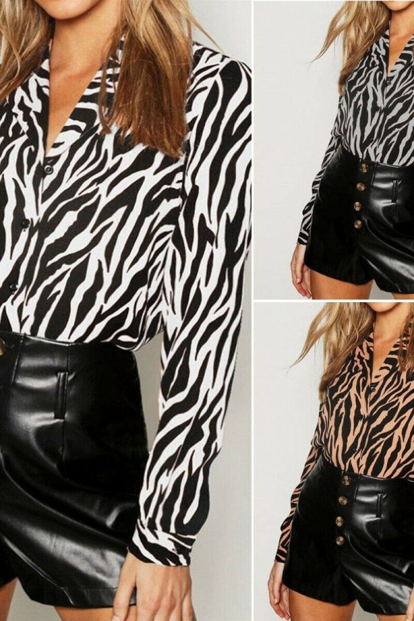 The Best 2019 New Fashion Women Casual Chiffon Tops Shirt Loose Long Sleeve V-Neck Shirt Leopard Print Casual Button Tops Tee Online - Takalr