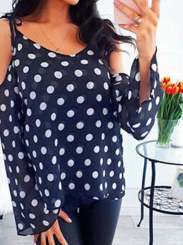 The Best 2019 New Fashion Women Polka Dot Print V Neck T shirt Lady Summer Cold Shoulder Casual Loose T-Shirt Tops Tee Streetwear Online - Takalr