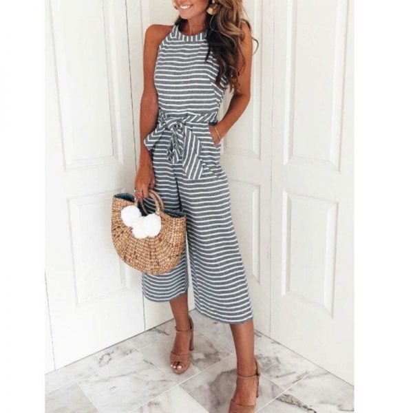 The Best 2019 New Fashion Women Stripe Bow Sashes Jumpsuit V-neck Romper Wide Leg Loose Trouser Jumpsuit Holiday Streetwear Online - Takalr