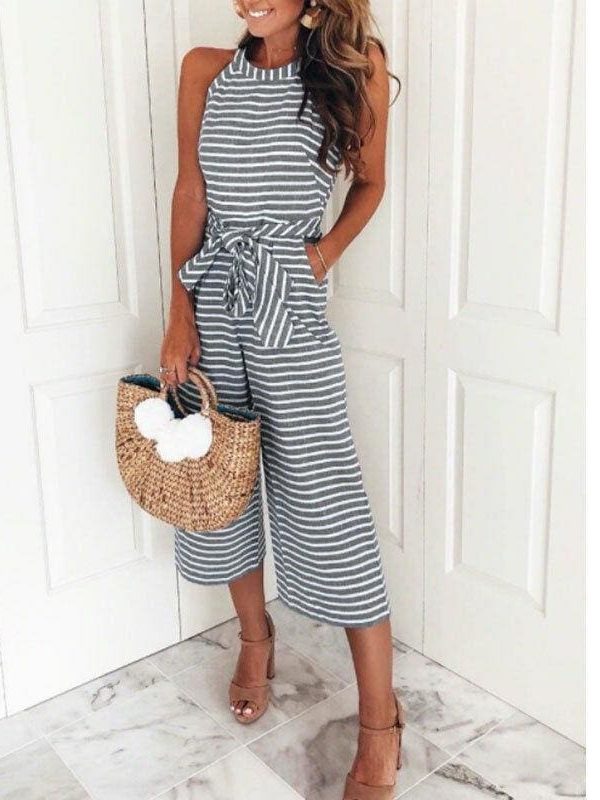 The Best 2019 New Fashion Women Stripe Bow Sashes Jumpsuit V-neck Romper Wide Leg Loose Trouser Jumpsuit Holiday Streetwear Online - Takalr