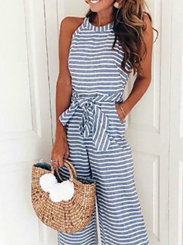 The Best 2019 New Fashion Women Stripe Bow Sashes Jumpsuit V-neck Romper Wide Leg Loose Trouser Jumpsuit Holiday Streetwear Online - Takalr