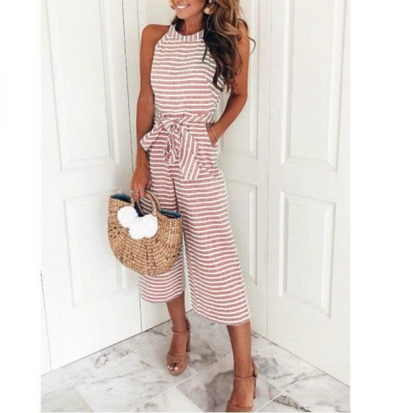 The Best 2019 New Fashion Women Stripe Bow Sashes Jumpsuit V-neck Romper Wide Leg Loose Trouser Jumpsuit Holiday Streetwear Online - Takalr