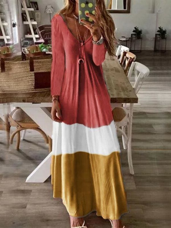 The Best 2019 New Summer Autumn Women Boho V-Neck Splice Long Party Maxi Dress Ladies Casual V neck Kaftan Beach Dress Sundress Online - Takalr