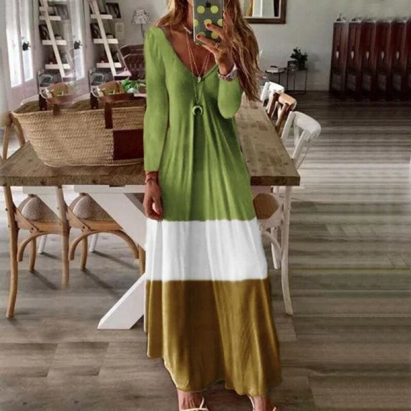 The Best 2019 New Summer Autumn Women Boho V-Neck Splice Long Party Maxi Dress Ladies Casual V neck Kaftan Beach Dress Sundress Online - Takalr